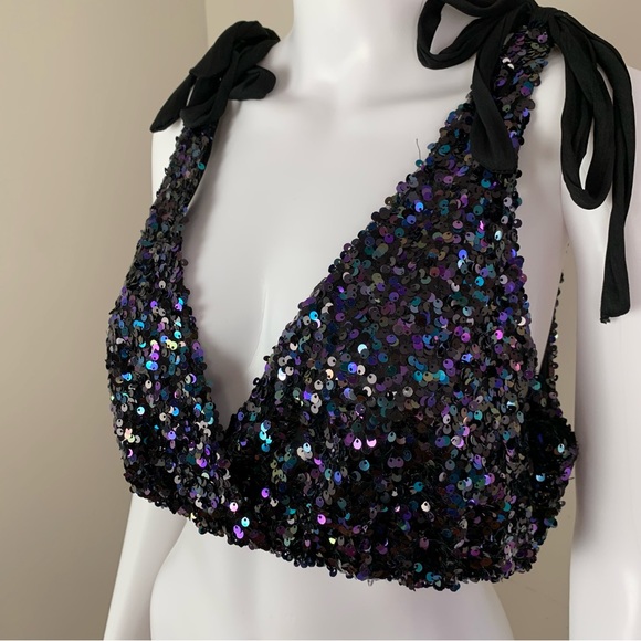 Free People Big Night Sequin Embellished Crop top bra in petrol - Picture 11 of 14